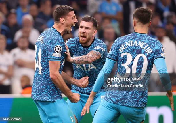 Clement Lenglet of Tottenham celebrates his goal with Pierre-Emile Hojbjerg and teammates during the UEFA Champions League group D match between...