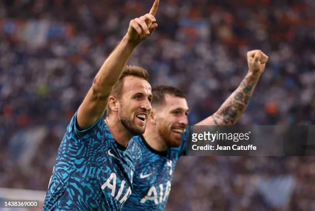 Pierre-Emile Hojbjerg of Tottenham celebrates his last minute winning goal with Harry Kane during the UEFA Champions League group D match between...