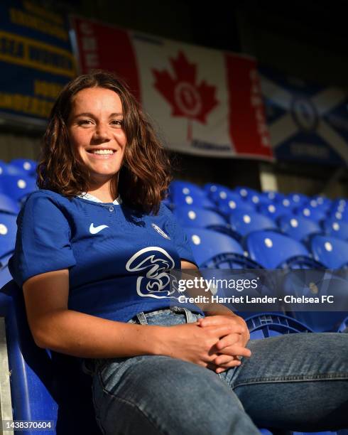 Jessie Fleming of Chelsea poses for a photograph as she signs a contract extension with Chelsea FC Women at Kingsmeadow on November 02, 2022 in...