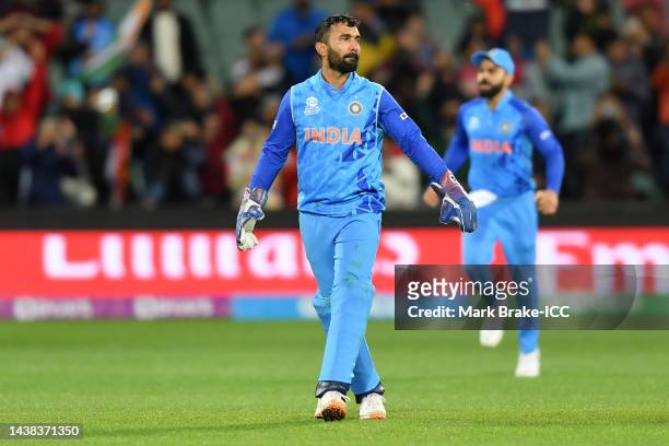 Dinesh Karthik of India celebrates victory during the ICC Men's T20 World Cup match between India and Bangladesh at Adelaide Oval on November 02,...