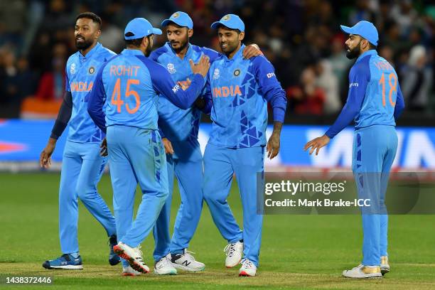 India players celebrate victory following the ICC Men's T20 World Cup match between India and Bangladesh at Adelaide Oval on November 02, 2022 in...