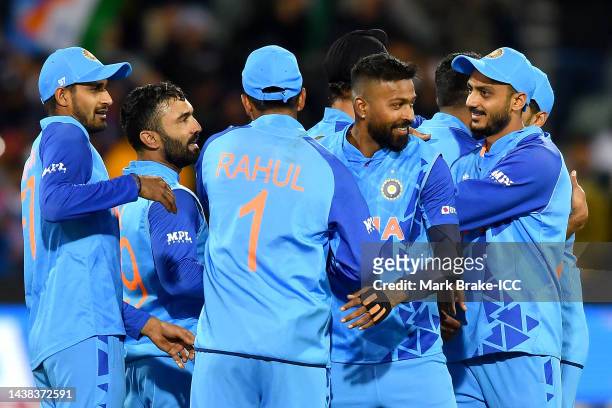India players celebrate victory following the ICC Men's T20 World Cup match between India and Bangladesh at Adelaide Oval on November 02, 2022 in...