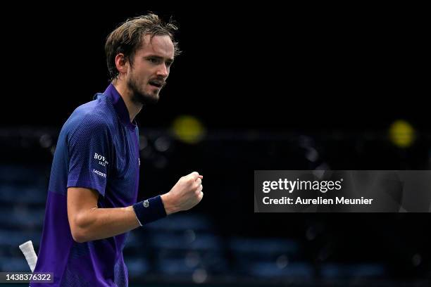 Daniil Medvedev reacts during his men's single second round match against Alex De Minaur of Australia during Day three of the Rolex Paris Masters...