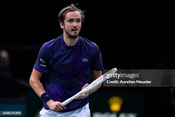 Daniil Medvedev plays a forehand during his men's single second round match against Alex De Minaur of Australia during Day three of the Rolex Paris...