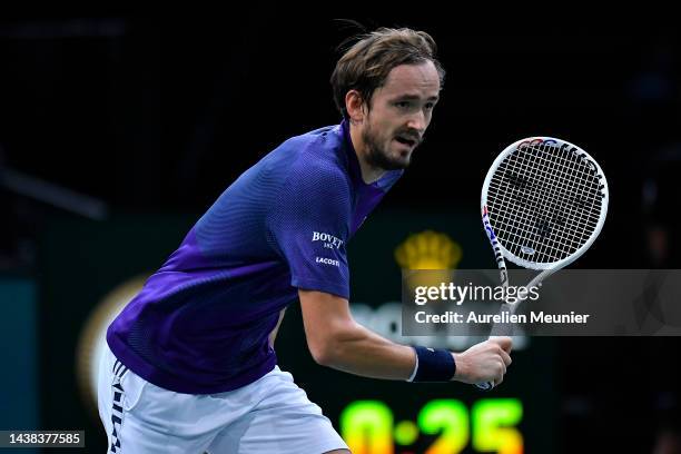 Daniil Medvedev in action during his men's single second round match against Alex De Minaur of Australia during Day three of the Rolex Paris Masters...