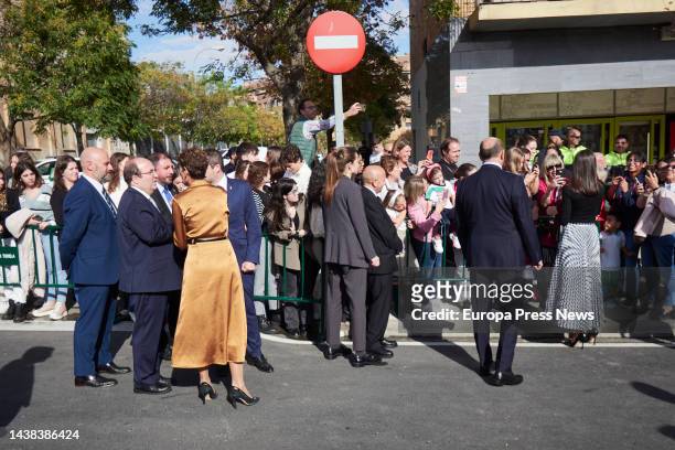 The Minister of Culture and Sport, Miquel Iceta ; the President of the Government of Navarra, Maria Chivite and Queen Letizia as she greets the...