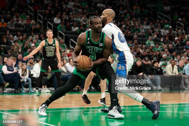 Noah Vonleh of the Boston Celtics drives to the basket against the Washington Wizards during the fourth quarter at TD Garden on October 30, 2022 in...