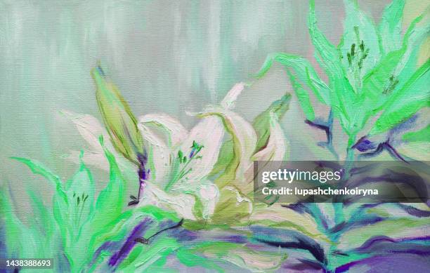 illustration art work oil painting painting landscape blooming white lilies - white lilies painting stock illustrations