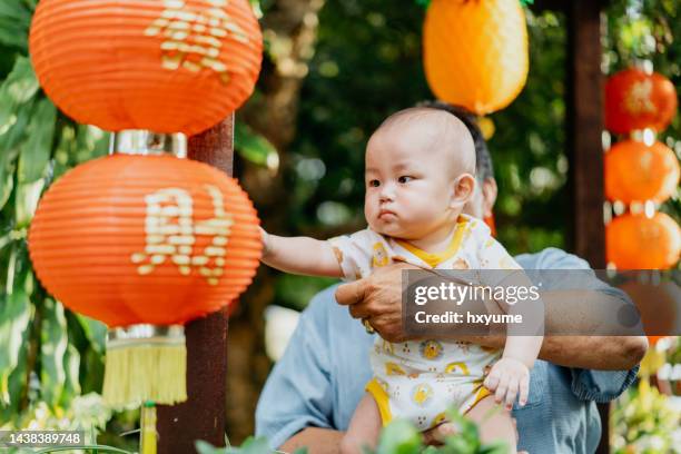 grandfather and grandson bonding during chinese new year holiday - chinese lanterns stock pictures, royalty-free photos & images