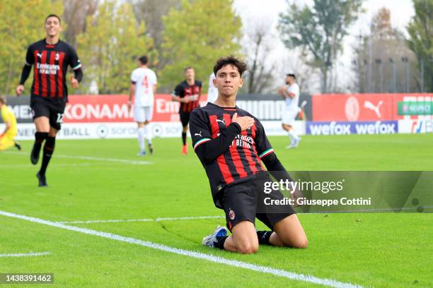 Gabriele Alesi of AC Milan celebrates after scoring the his team's second goal during the UEFA Youth League match between AC Milan and FC Salzburg at...