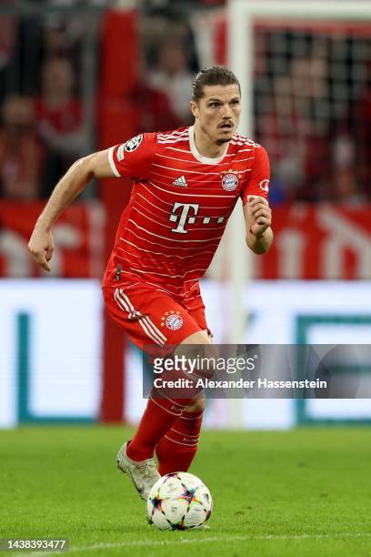 Marcel Sabitzer of FC Bayern München runs with the ball during the UEFA Champions League group C match between FC Bayern München and FC...