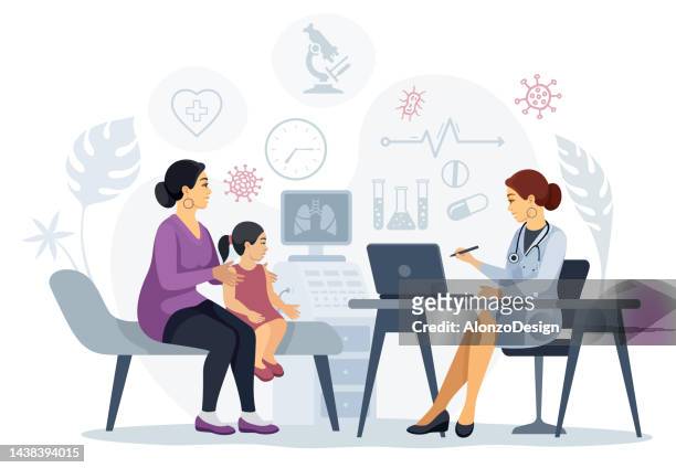 mother and child visiting pediatrician doctor. - doctor cartoon stock illustrations
