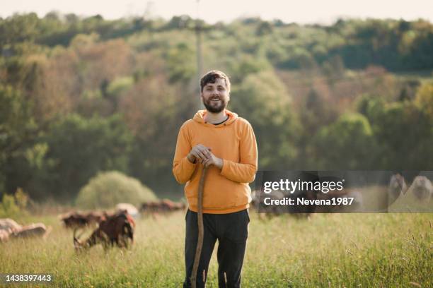junger schäferhund mit herd of goats - hirte stock-fotos und bilder
