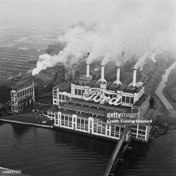 Elevated view of the Ford Motors car factory on the River Thames at Dagenham, London, on December 7th 1960.