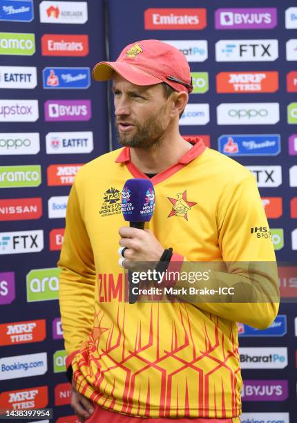 Craig Ervine of Zimbabwe speaks post match during the ICC Men's T20 World Cup match between Zimbabwe and Netherlands at Adelaide Oval on November 02,...