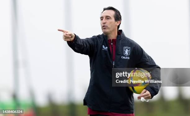 Unai Emery head coach of Aston Villa in action during a training session at Bodymoor Heath training ground on November 02, 2022 in Birmingham,...