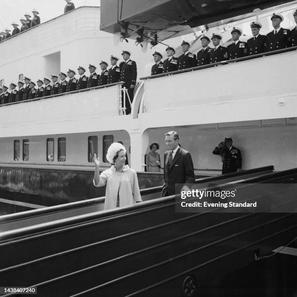 Princess Margaret and husband Antony Armstrong-Jones leaving HMY Britannia at Portsmouth after returning from a six-week honeymoon cruise in the...