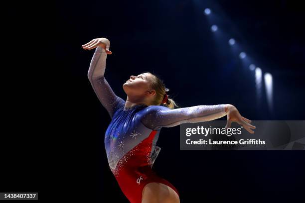 Jade Carey of Team United States of America competes on Floor during the Women's Team Final on Day 4 of the FIG Artistic Gymnastics World...