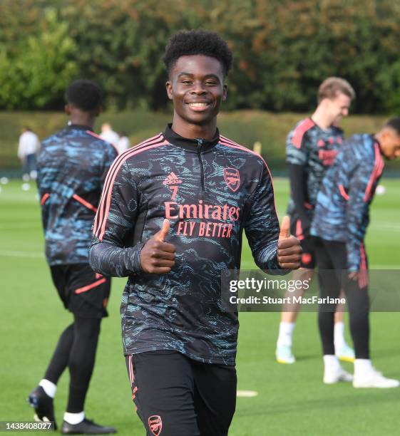 Bukayo Saka of Arsenal during a training session at London Colney on November 02, 2022 in St Albans, England.