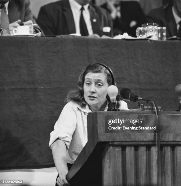 British politician Shirley Williams speaking at the Labour Party Conference in Blackpool, October 3rd - 6th, 1961.