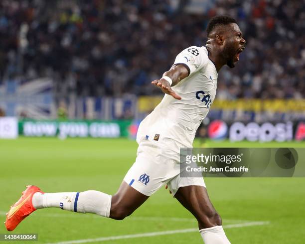Chancel Mbemba of Marseille celebrates his goal during the UEFA Champions League group D match between Olympique de Marseille and Tottenham Hotspur...