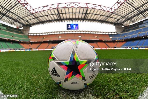 The Adidas Champions League Official Ball is seen inside the stadium prior to the UEFA Champions League group E match between AC Milan and FC...