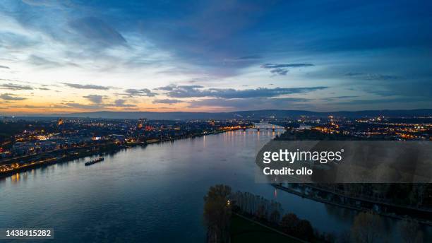 cityscape and river at dusk - aerial view - wiesbaden stock pictures, royalty-free photos & images