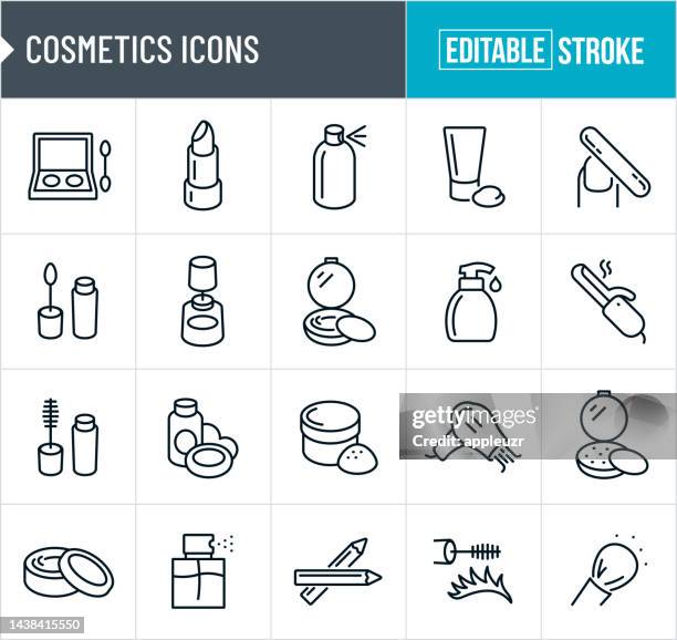 ilustraciones, imágenes clip art, dibujos animados e iconos de stock de iconos de línea fina de cosméticos - trazo editable - base de maquillaje