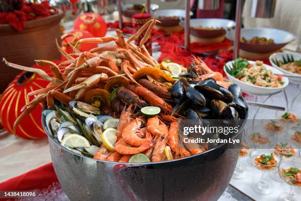 close up of fresh seafood on ice bowl - rich people stock pictures, royalty-free photos & images