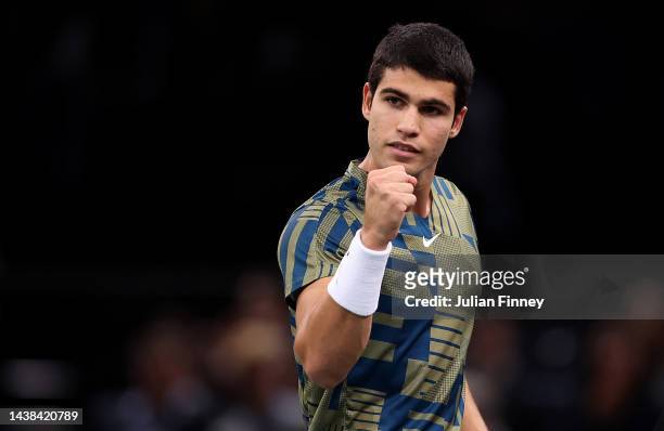 Carlos Alcaraz of Spain reacts against Yoshihito Nishioka of Japan in the second round during Day Three of the Rolex Paris Masters tennis at Palais...