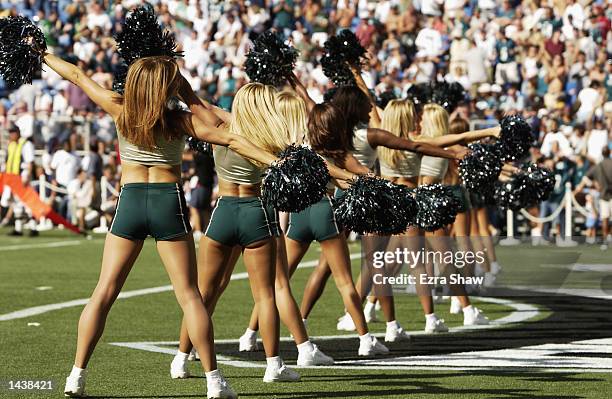 The Philadelphia Eagles cheerleaders dance for the fans during the NFL game against the Dallas Cowboys on September 22, 2002 at Veterans Stadium in...