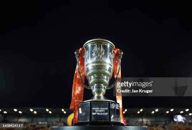 Detailed view of the Women's Rugby League World Cup trophy prior to the Women's Rugby League World Cup 2021 Pool B match between New Zealand Women...