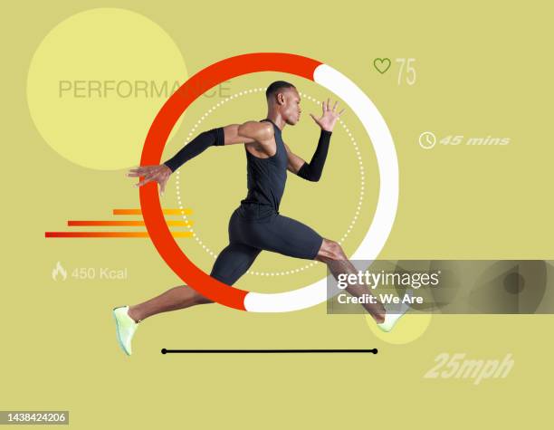 athlete running with data - actuación conceptos fotografías e imágenes de stock