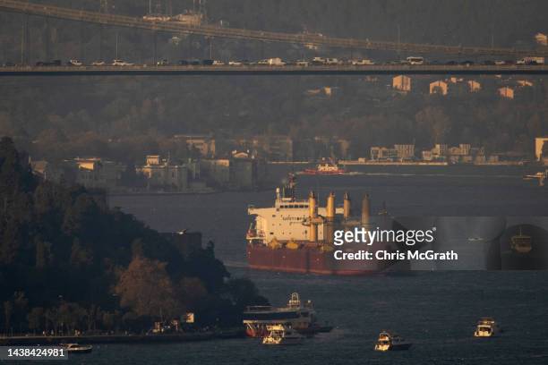 The Malta flagged bulk carrier Zante en-route to Belgium transits the Bosphorus carrying 47,270 metric tons of rapeseed from Ukraine after being held...