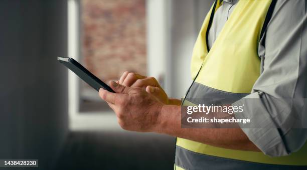 hands, tablet zoom or construction worker with technology for research, contact us or creative engineering idea in construction site. employee, engineer or leader for digital networking or logistics - construction worker phone hand stock pictures, royalty-free photos & images