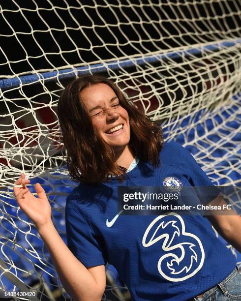 Jessie Fleming of Chelsea poses for a photograph as she signs a contract extension with Chelsea FC Women at Kingsmeadow on November 02, 2022 in...