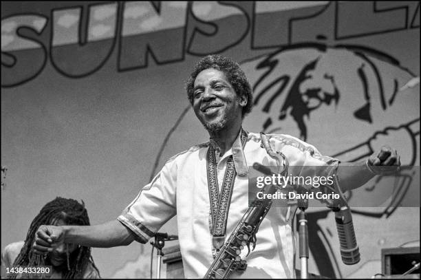 Roland Alphonso of The Skatalites performing at Reggae Sunsplash at Selhurst Park, Crystal Palace FC, London, UK on 7 July 1984.