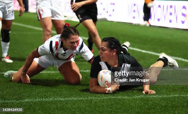 Roxy Murdoch-Masila of New Zealand touches down for their team's fourth try during the Women's Rugby League World Cup 2021 Pool B match between New...