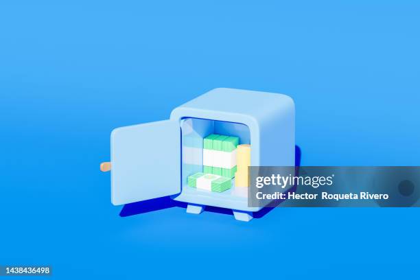 render 3d de caja fuerte con monedas y billetes, color azul, concepto economia - billetes stock-fotos und bilder