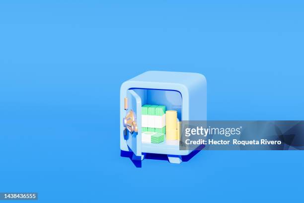 render 3d de caja fuerte con monedas y billetes, color azul, concepto economia - caja digital imagens e fotografias de stock