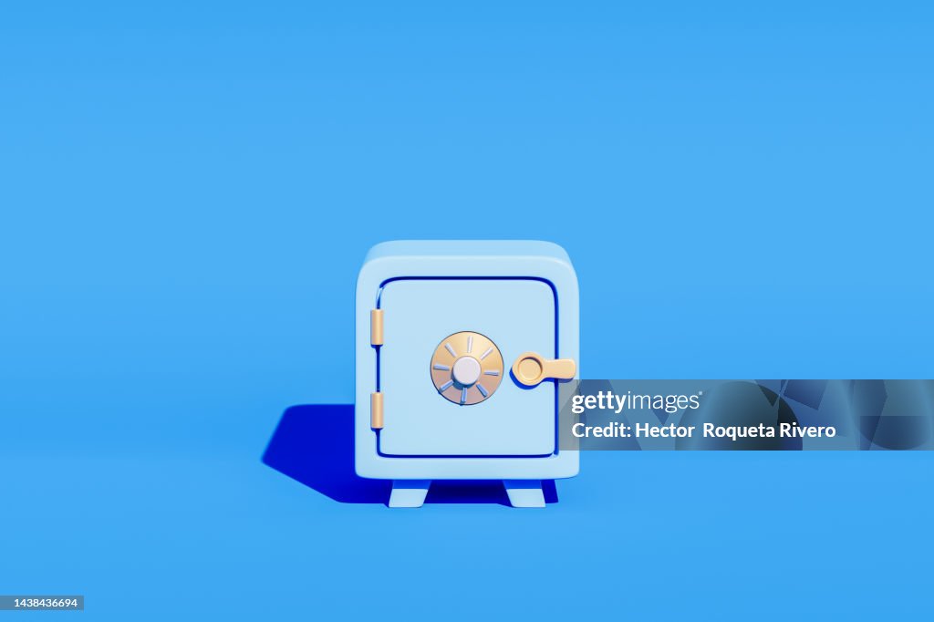 Render 3d de Caja Fuerte con Monedas y Billetes, color Azul, Concepto Economia