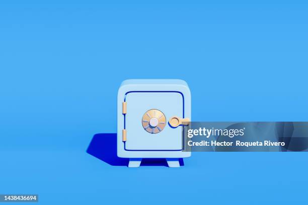 render 3d de caja fuerte con monedas y billetes, color azul, concepto economia - caja digital imagens e fotografias de stock