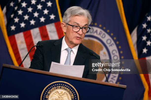 Federal Reserve Bank Board Chairman Jerome Powell delivers opening remarks during a news conference following a meeting of the Federal Open Market...