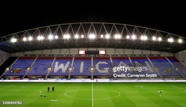 General view inside the stadium prior to the Sky Bet Championship between Wigan Athletic and Stoke City at DW Stadium on November 02, 2022 in Wigan,...