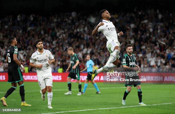 Rodrygo of Real Madrid celebrates after scoring their sides second goal from the penalty spot during the UEFA Champions League group F match between...