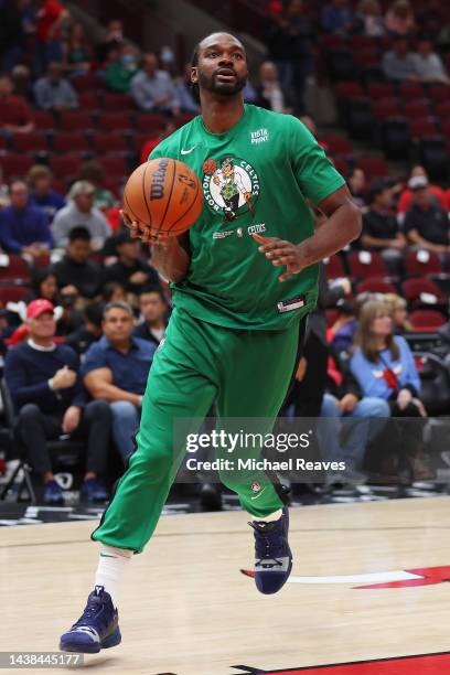 Noah Vonleh of the Boston Celtics warms up prior to the game against the Chicago Bulls at United Center on October 24, 2022 in Chicago, Illinois....