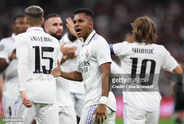 Rodrygo of Real Madrid celebrates after scoring their sides second goal from the penalty spot during the UEFA Champions League group F match between...