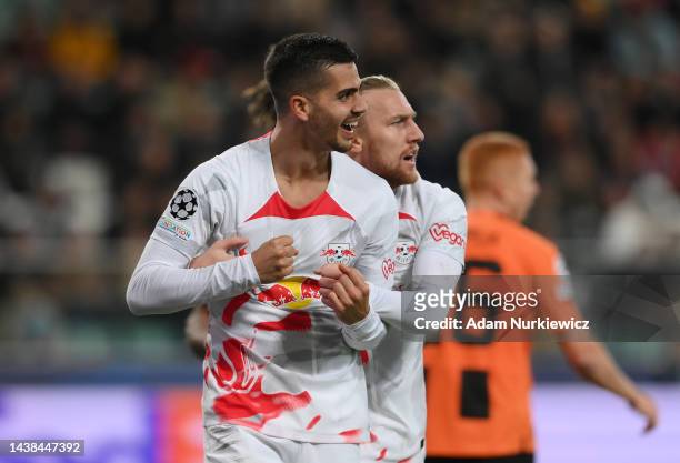 Andre Silva of RB Leipzig celebrates after scoring their sides second goal during the UEFA Champions League group F match between Shakhtar Donetsk...