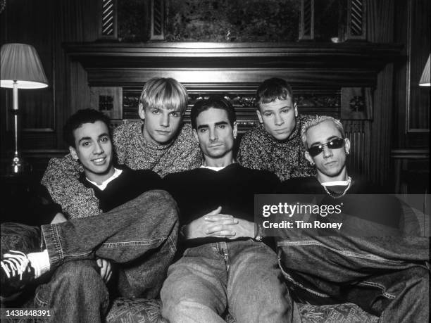 Portrait of members of the American Pop group Backstreet Boys, late 1990s. The members are Nick Carter, Howie Dorough, AJ McLean, Brian Littrell, and...