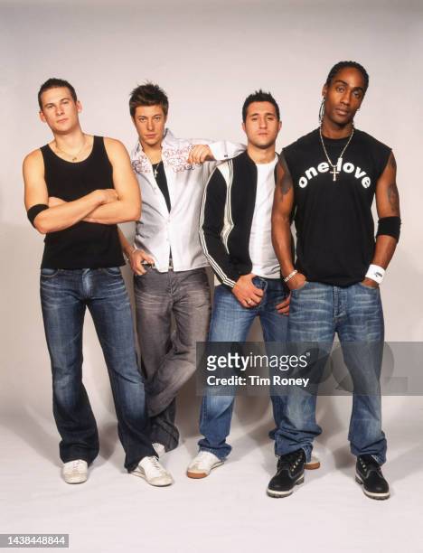 Portrait of the members of British Pop group Blue, early 2000s. Pictured are, from left, Lee Ryan, Duncan James, Antony Costa, and Simon Webbe.
